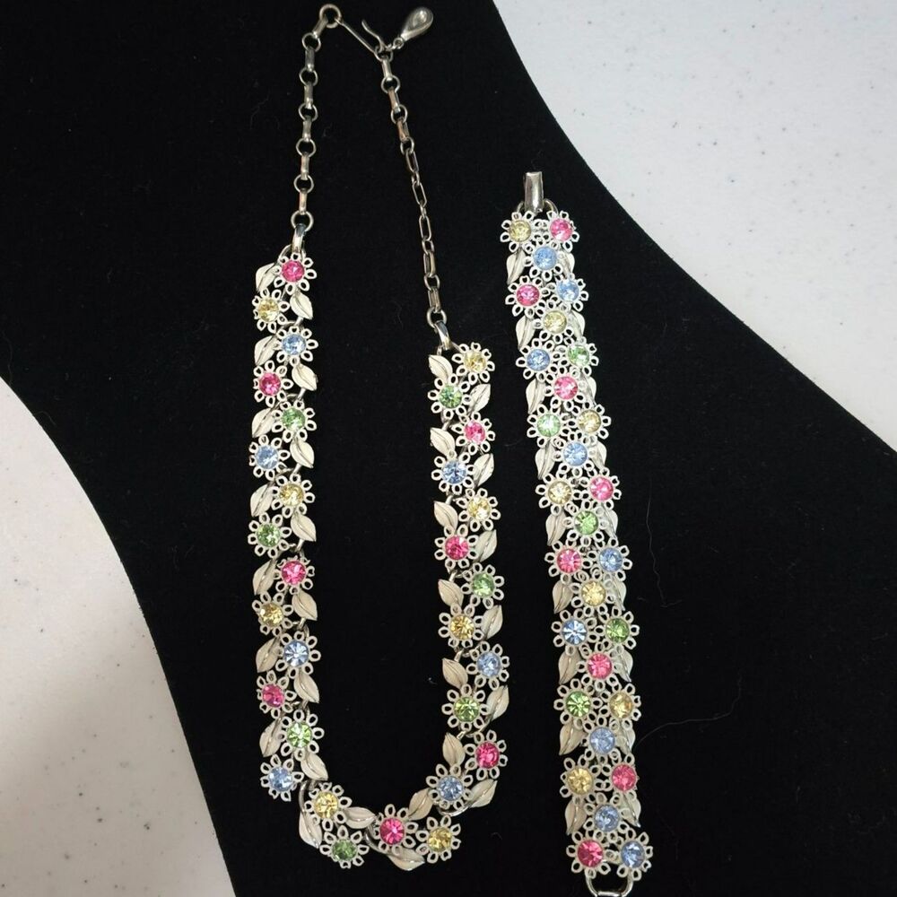 Vintage LISNER Floral Parure: Enamel and Rhinestone Necklace and Bracelet Set